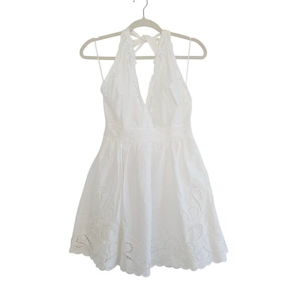 Zara White Cotton Eyelet Embroidered V-Neck Mini Halter Dress Lined Size Large - Picture 3 of 13